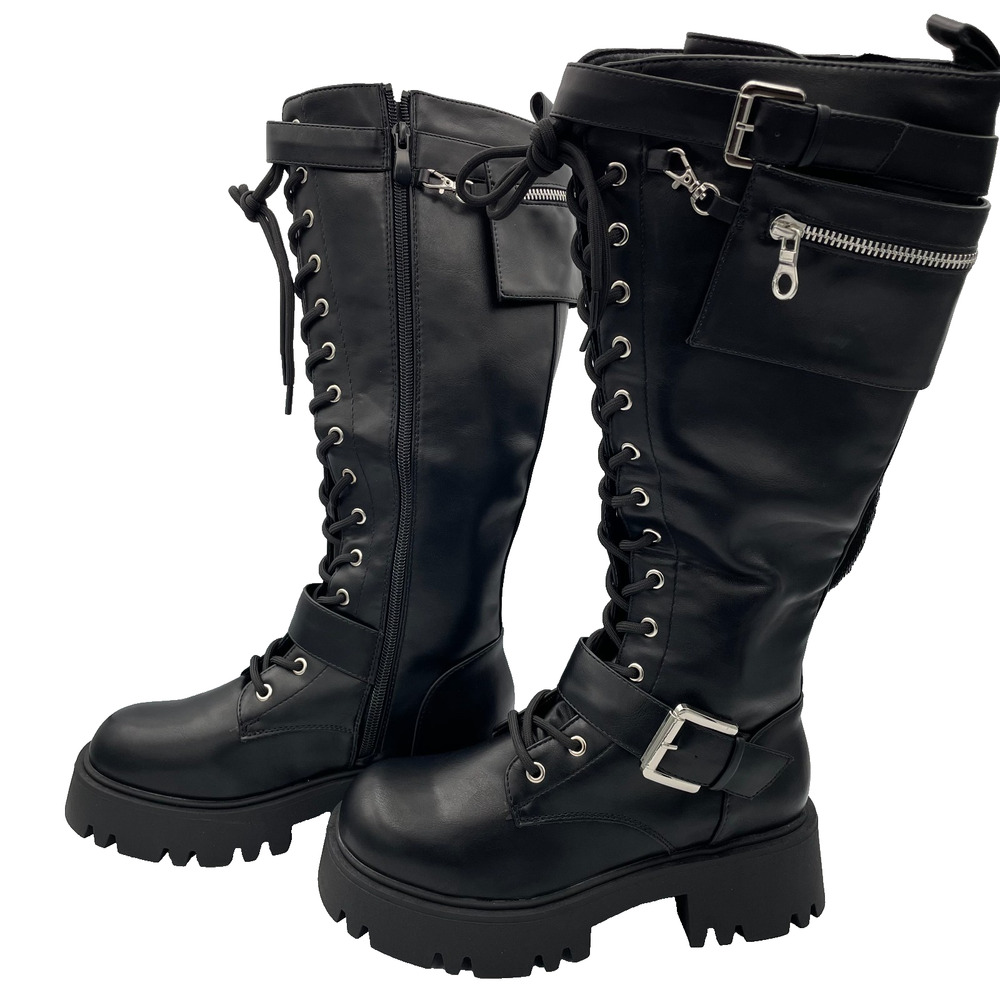 NIB Dream Pairs Platform Combat Boots Womens 7.5 Black Knee High Chunky Goth Emo